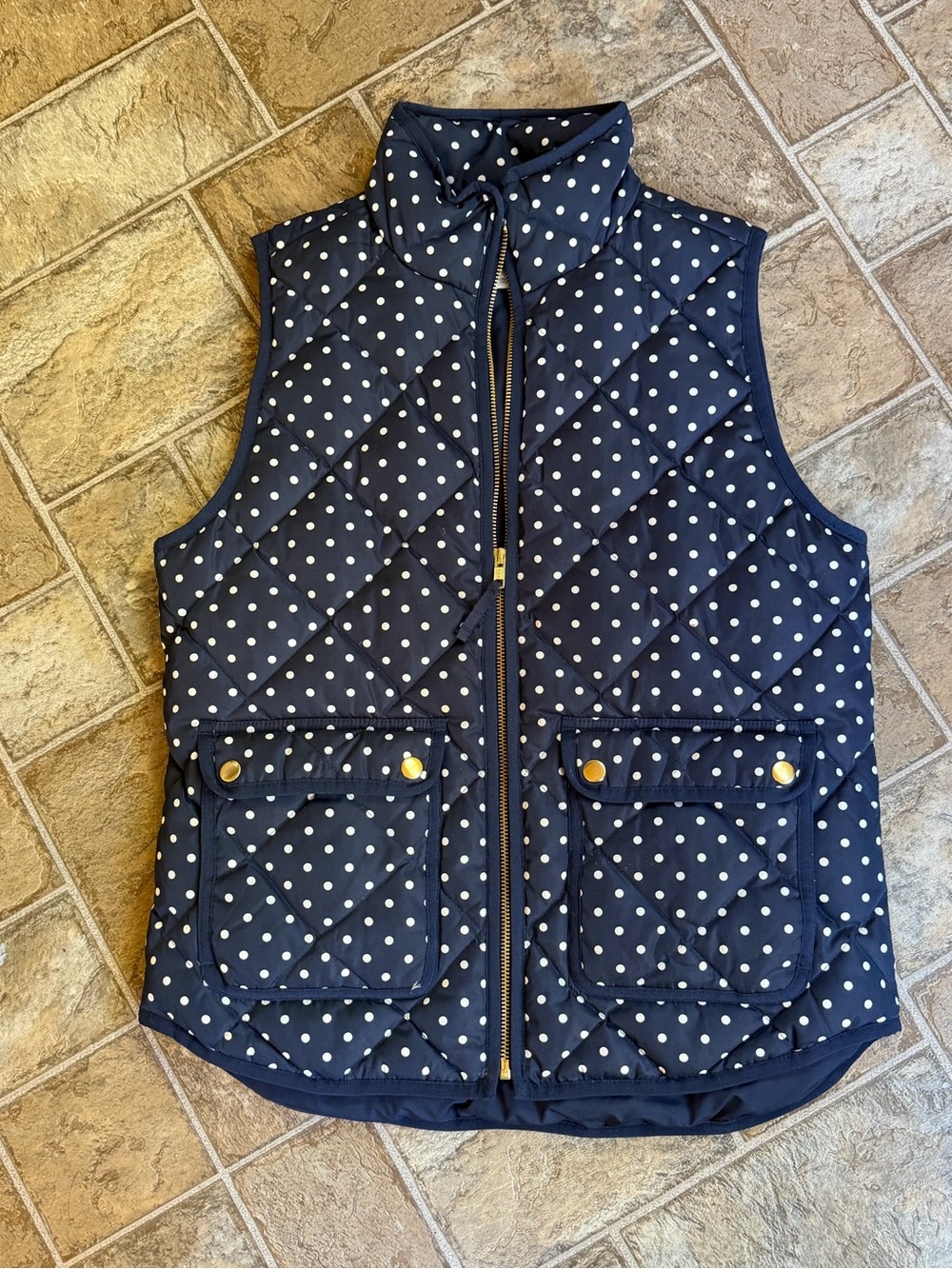 J Crew Women's Full Zip Down Vest Navy Blue & White Polka Dots Size S